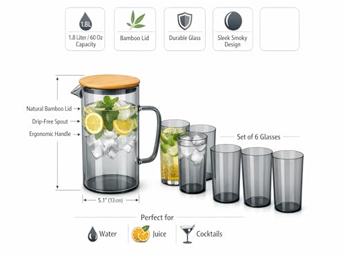 Image of bellemax 1.8 Litre Water Jug with Wooden Lid & 6 Black Juice Glasses Set | Premium Glass Water Jug Set for Home Kitchen | Juice, Water, Cold Drink Serving Set | Stylish Beverage Pitcher Set of 7