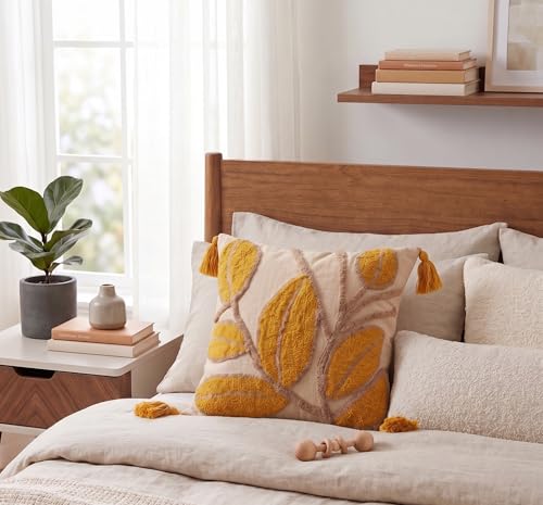 Image of Furnistitchs Handmade Cotton Bohemian Home Decor Cushion Cover 24x24 inches / 60x60 cms - Boho Chic Couch Sofa Throw Living Room Bedroom Cushions (1, Mustard Leaves)