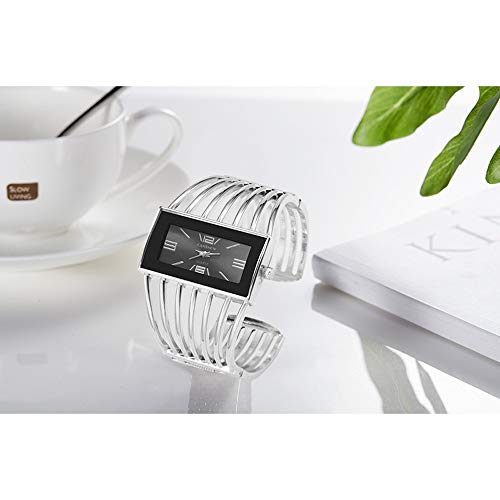 Women Luxury Cuff Bracelet Rectangular Dial Hollow Analog Quartz Wrist Watch for Ladies
