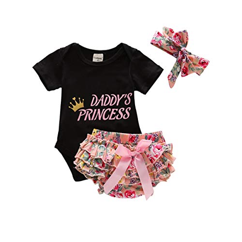 YaXun Baby Girl Clothes Newborn Outfits Infant 3Pcs Floral Pants + Short Ruffle Romper Playsuit Bodysuit + Headband, Black Princess, 0-3 Months