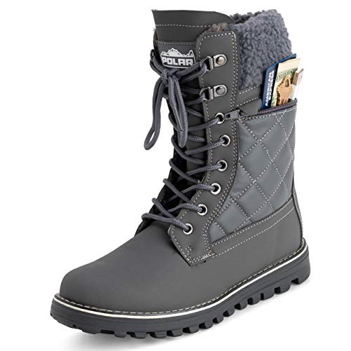 POLAR Womens Memory Foam Outside Pocket Inside Zip Thermal Waterproof Deep Tread Rubber Sole Snow Boots - Grey Leather - EU36/US5 - YC0625