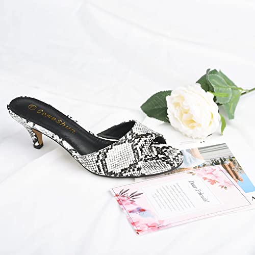 Comeshun Women Low Kitten Heel Mules Slip On Sandals Peep Open Toe Dress Pumps Comfy Sexy Shoes White Snake Prints Size 8 #TOP3
