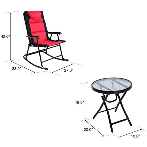 Giantex 3 Pcs Folding Bistro Set Outdoor Patio Rocking Chairs Round Table Set 2 Rocking Chairs W/Glass Coffee Table For Yard, Patio, Deck, Backyard Padded Seat (Red & Black) #TOP7