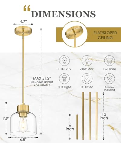 Image of 2-Pack 7 inch Brushed Gold Pendant Lights Kitchen Island, Clear Glass | Modern Brass Hanging Light Fixture Over Island for Dining Room, Adjustable Height, E26 Base, AD-24024-1P2-GD