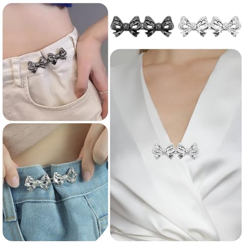 Bekecidi 4 Pairs Bow Jeans Button Pins, Detachable Pant Waist Tightener Adjustable Waist Buckle Tighten Waist Buttons No Sew Pants Waist Adjuster Clips for Loose Jeans Pants (Silver, Black)