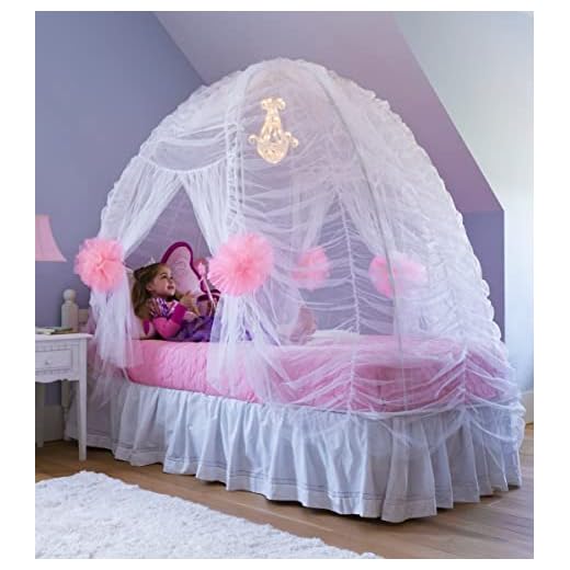HearthSong Kid's Fairy Tale Princess Twin Sized Bed Tent Canopy with Interior Hanging Chandelier LED Light - White and Pink - 38 L x 74 W x 58 H