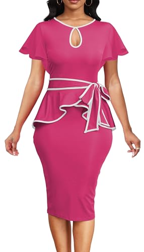 Image of Women's Vintage Bodycon Church Ruffle Sleeve Ruched Dresses Work Midi Pencil Dress