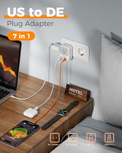 Image of TESSAN Type E F Plug Adapter with 4 AC Outlets, 3 USB Ports (1 USB C 20W) | 1 USB C PD 20W, 2 USB A, 7 in 1 Germany France Power Adapter, 4 side design, US to Spain Iceland Korea Travel Adaptor