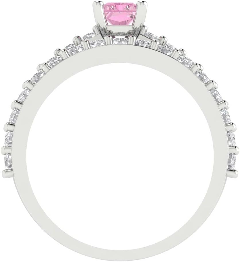 Clara Pucci 1.51 ct Emerald Cut Solitaire Genuine Pink Simulated Diamond Designer Art Deco Statement Wedding Ring Band Set 18K White Gold