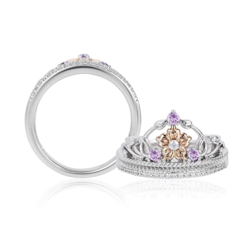Enchanted Disney Fine Jewelry 14K Rose Gold Over Sterling Silver 2.0 Mm Round Rose-De-France And 1/10 Cttw Natural White Round Diamonds Rapunzel Ring Size 8 #TOP3
