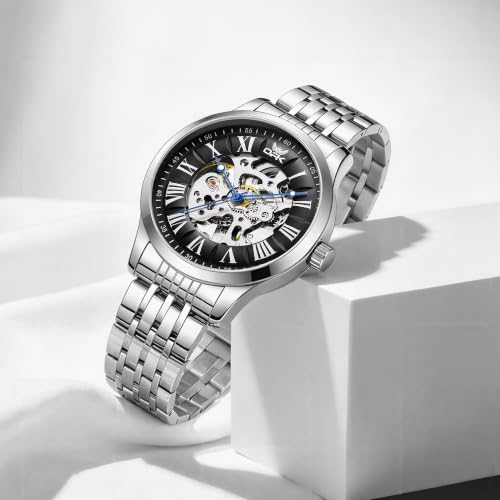 Image of OPK Men's Automatic Mechanical Watch Skeleton Black Dial with Roman Numerals Silver Stainless Steel Bracelet Waterproof Luxury Dress Wristwatch