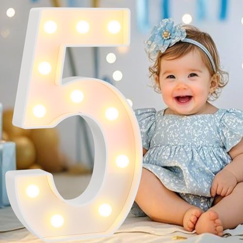 Image of Pooqla Large Light Up Numbers for 5th Birthday Decorations, 12.6 in Tall White Plastic Marquee Numbers Sign Party Decorations, Gift for Girls Boys Night Light Wedding Anniversary Decor, Big Number 5