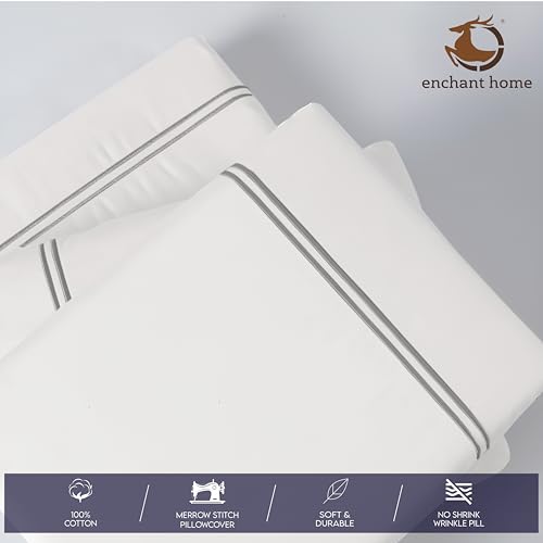 Image of Pure Cotton 500 TC Pillow Cover Set | Greek Embroidered Pillow Cover Set | Percale Weave | 18 X 27 Inches (2, White - Silver)