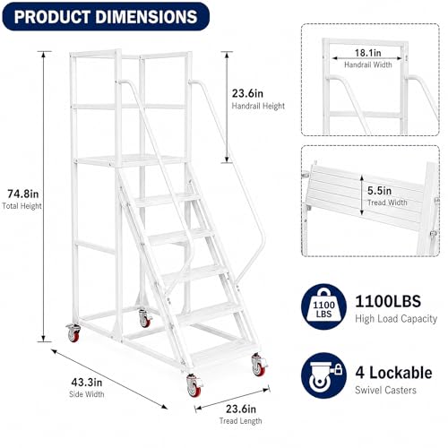 Image of 6 Step Rolling Ladder with Handrails, 1100 lbs Capacity Heavy Duty Mobile Warehouse Ladder with Wheels, Industrial Steel Non-Slip Rolling Stairs with Large Platform, for Garage Stockroom Library