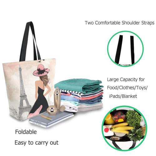 Fashion Holidays Woman Eiffel Tower Extra Large Canvas Gym Shoulder Tote,Durable Daily Reusable Top Handle Bag for Mens Womens Yoga Weekender Picnic Beach Travel Market Shopping2