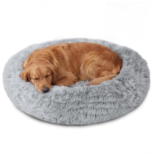 Image of JOLLYVOGUE Calming Dog Beds Large Sized Dog, 36in Donut Washable Large Pet Bed, Anti-Slip & Anti-Anxiety Fluffy Faux Fur Round Dogs Bed, Fits up to 80 lbs Pets (Smoke Grey)