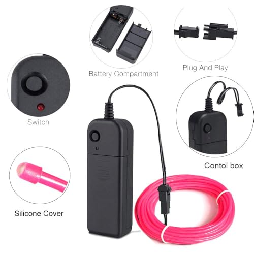 Image of MaxLax EL Wire Pink, 2M Portable Battery Pack Neon Light Strip 360 Cuttable Glowing Rope Lights for Parties, Halloween, DIY Decoration