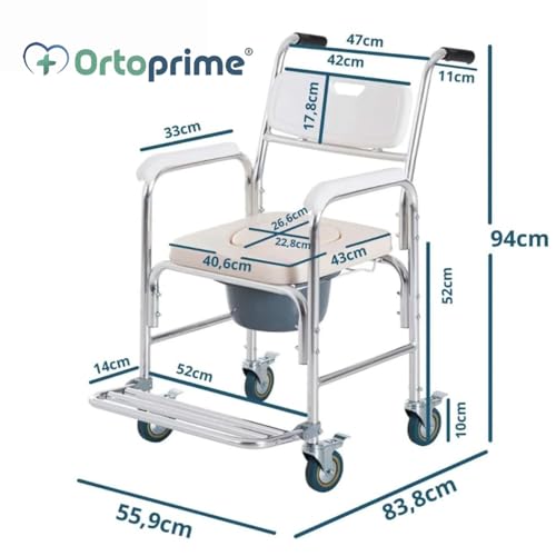 OrtoPrime Krzesło prysznicowe WC z kółkami i stopami - 3 w 1 - Krzesło z wbudowaną toaletą - Przenośny wózek toaletowy dla osób starszych - Wózek inwalidzki Prysznic - krzesło do kąpieli geriatrica