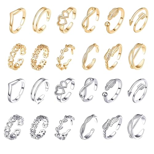 COYUN 24 Pcs Anillos de Dedo del Pie, abiertos y ajustables, Anillo Pie para Mujeres, Joyería del Dedo del Pie, Anillos de dedo Ajustables, Verano Playa Joyas Pies para Niña (Oro, Plata)
