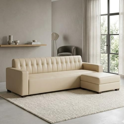 Image of FURNY Luxe 4 Seater L Shape Sofa Set with Movable Ottoman | Flexible Left or Right Layout | Premium Leatherette Upholstery (Cream) | Perfect for Living Room, Guest Room & Office