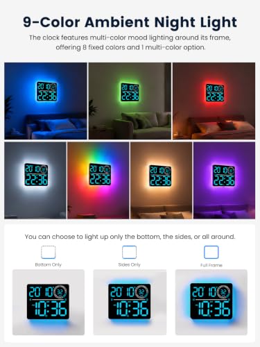 Digital Wall Clock, Digital Clock Large Display with Remote Control, Auto-Dimming Wall Clock with 9 RGB Night Light, Temp & Current Week Number for Seniors, Classroom, Office, Living Room, Bedroom - Image 4