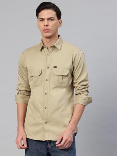 Image of Majestic Man Men's Washed Cotton Twill Casual Shirt -| with Dual Flap Pockets - Slim Fit | Full Sleeve | Casual Wear | Trendy & Comfortable