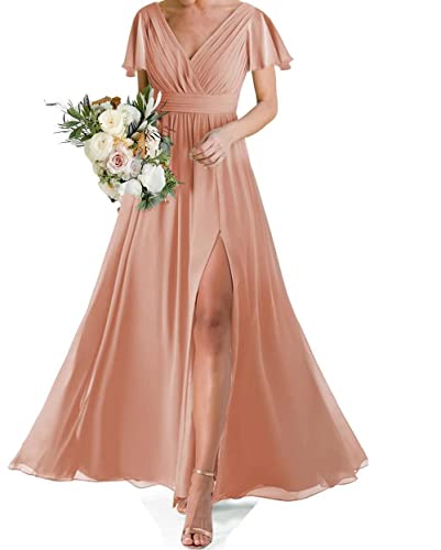 Ballkleid für Damen, kurze Ärmel, lang, Chiffon, doppelter V-Ausschnitt, Brautjungfernkleid mit Schlitz, lachsfarben, 52 Ballkleid für Damen, kurze Ärmel, lang, Chiffon, doppelter V-Ausschnitt, Brautjungfernkleid mit Schlitz, lachsfarben, 52