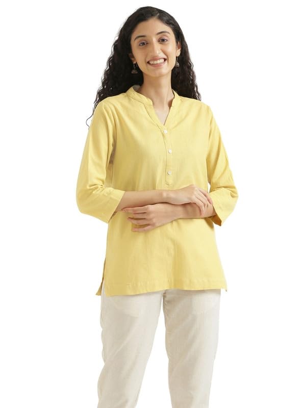 Image of SAADAA Women Short Kurti Airy Linen Regular Fit Kurta with 3 /4th Sleeves, Mandarin Collar, Side Slit Perfect for Casual, Formal, and Ethnic Wear