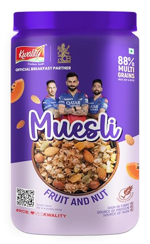 Image of Kwality RCB Muesli Fruit & Nut 900g Jar | 88% Multi Grains | Natural Source of Vitamin & Iron | High in Protein & Fiber | Healthy Breakfast Cereal | Endorsed by Royal Challengers Bangalore (RCB)