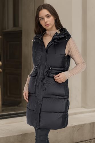 RISISSIDA Puffer Vest Women Mid-Length Puffy Quilted Hooded Sleeveless Loose Jacket3