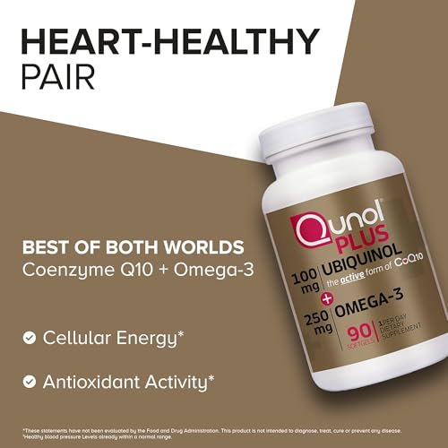 Image of Qunol Plus Ubiquinol CoQ10 100mg with Omega 3 Fish Oil 250mg, Extra Strength Antioxidant Supplement, 90 Count