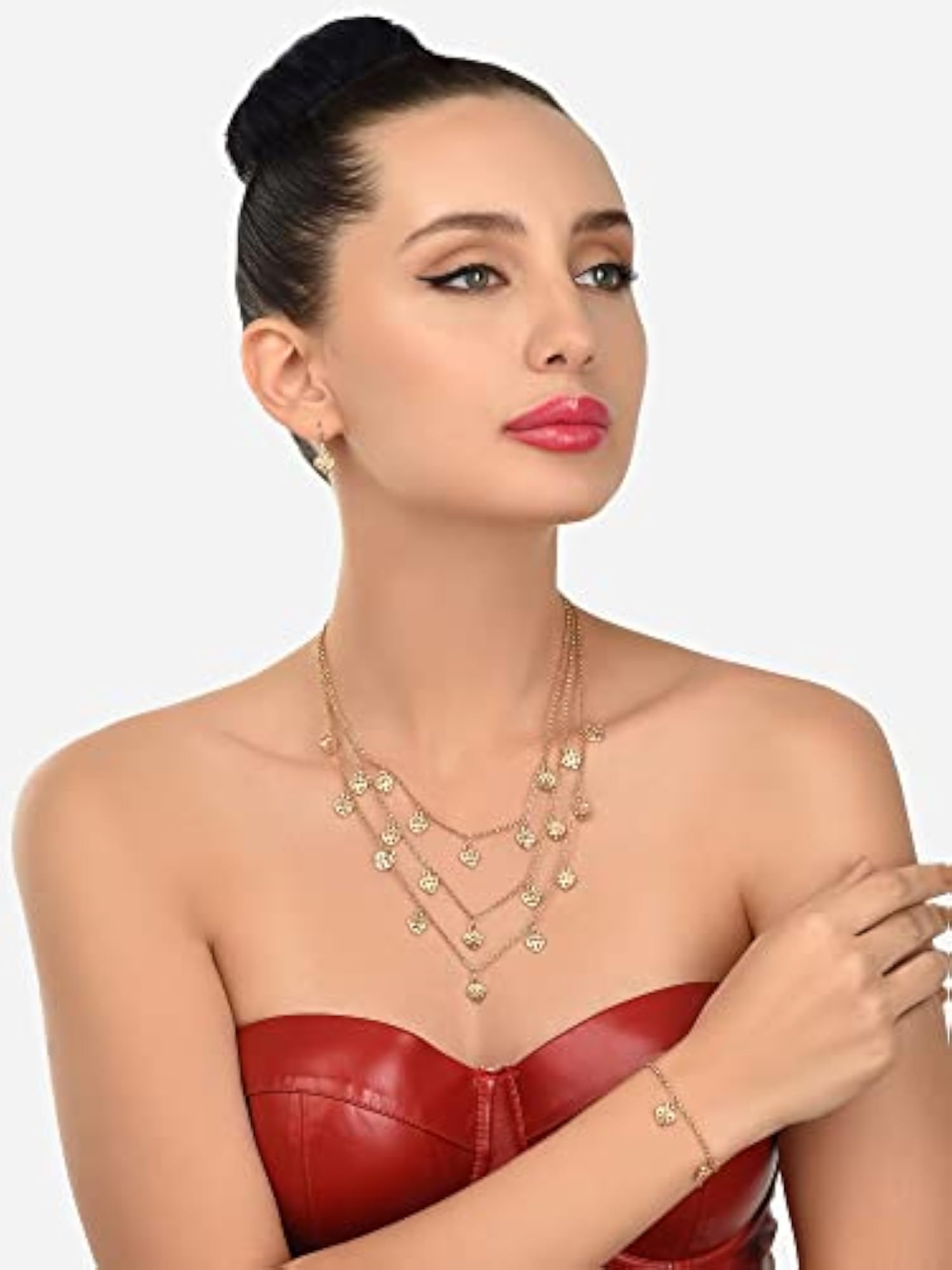Women's Gold Tone Dangling Hearts Earring and Bracelet Set