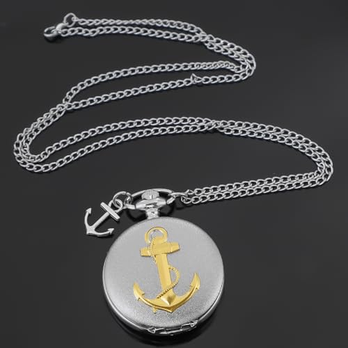 Image of Tiong Pocket Watch Anchor Pattern Design Roman Numerals Quartz with Chain Birthday Gifts