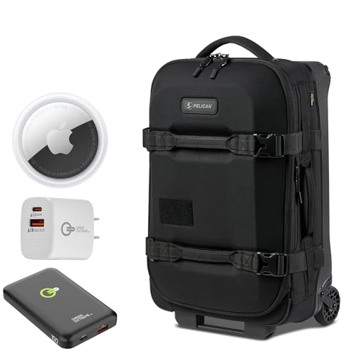Pelican Aegis Luggage - Carry On Duffel Bag with Wheels - 22 Inch Carry On Bag + Travel Bundle, Air Tag, Wireless Portable P-Bank, 20W 2-Port USB-C/A Wall Charger (Black)