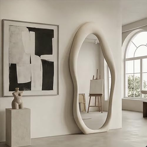 Image of The Artment Fluid Reflection Unbreakable Full-Length Asymmetrical Shape Mirror with Plush Velvet Beige Color Frame, Floor-Standing or wall-Leaning Design for Bedroom & Dressing Area (170 X 70 CM)