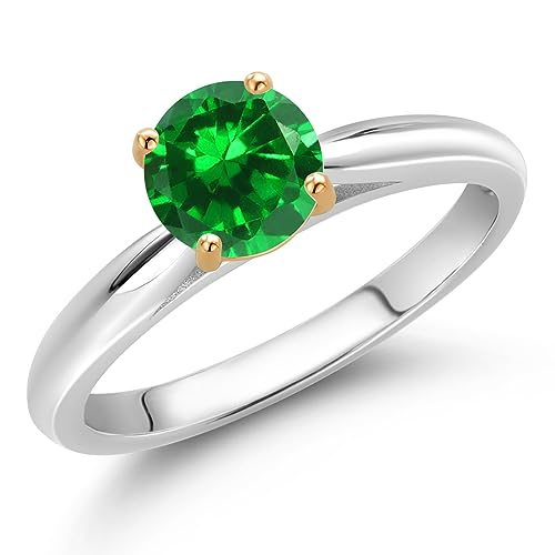Gem Stone King 1.00 Ct Round Green Created Emerald 10K White and Yellow Gold Solitaire Engagement Ring2