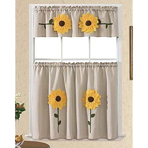 Very Sunflower Sunny. 3PCS Kitchen Cafe Curtain Set Straight Valance and Tier Set. Big 3D Sunflower Applique Embroidery. (3D Yellow) Cover
