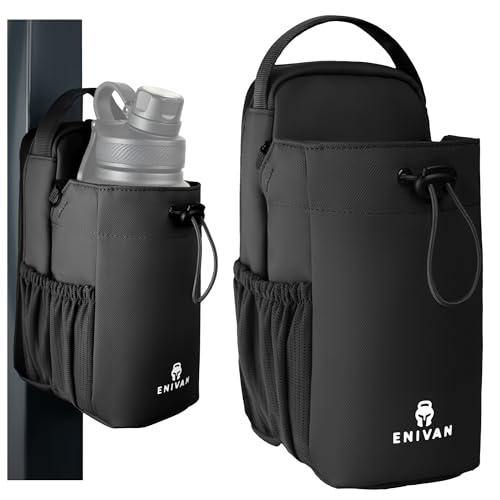 Enivan Magnetische Sporttasche mit Flaschenhalter 1,5L – Handyfach, Karabiner, Schultergurt – Leistungsstarke Magnete für sichere Befestigung – Unisex Gürteltasche für Fitness, Gym, Training – Schwarz