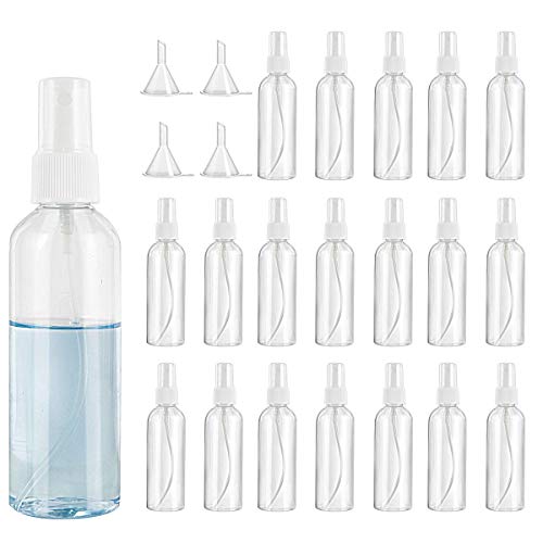 Plastic Spray Bottle 20 Pack Hi-QTool 3.4oz Plastic Clear Spray Bottles 100ml Refillable Atomiser Bottle Fine Mist with 4pcs Funnels Empty Travel Size Spray Bottles Leak Proof for Cleaning, Perfumes