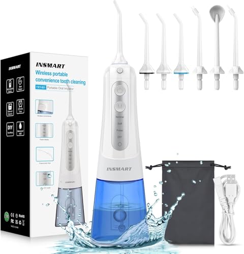 INSMART - Irrigador dental portátil eléctrico para dientes, 270 ml, limpiador dental suave en las encías, elimina la placa y las partículas de alimentos