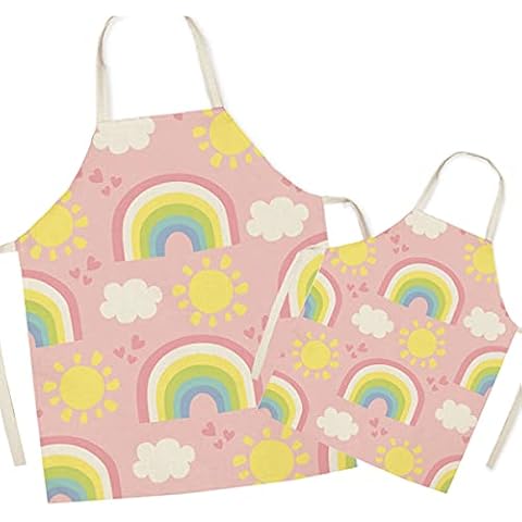FOMAISELF Linen Parent and Child Cooking Apron - Cute Rainbow Pattern Mum and Kids Apron, Mummy Son Daughter Aprons for Cooking Baking Painting Party Cover