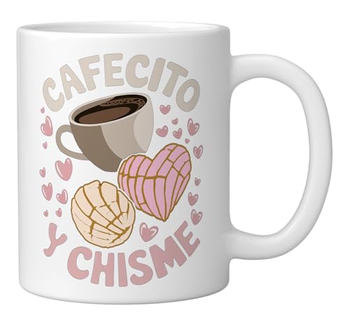 Cafecito Y Chisme Latina Mexican Baked Concha Pastry Conchas Ceramic Mug, White by Mexican Food Conchas Bread Pan Concha Design - Used condition - Image 2