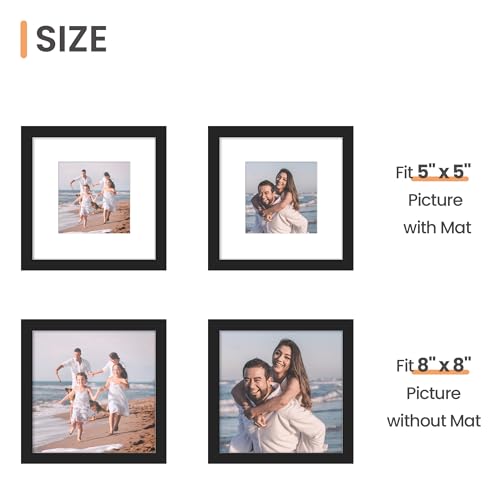 Image of upsimples 8x8 Picture Frame Made of High Definition Glass, Display Pictures 5x5 with Mat or 8x8 Without Mat, Gallery Wall Frame Set, Black | Fit 5x5 with Mat and 8 x 8 Photos, Gift for Christmas, Wall Decor and Table Display for Living Room, Hallway, Gallery