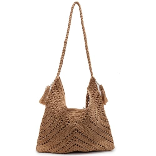 Beach Crochet Bag for Women, Aesthetic Hobo Mesh Woven Tote Simple