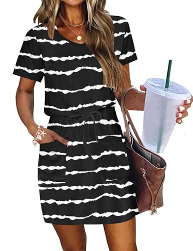 Image of AUSELILY Womens Summer Dresses 2026 Causal Short Sleeve V Neck Tie Front Mini Short Dress with Pockets