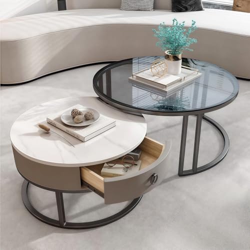 Nesting Coffee Tables Set of 2, Coffee Table with 2 Storage Drawers, Modern Centre Table with Rock Slab and Tempered Glass for Living Room, Office, Balcony, Square White (GREYROUND) - Image 6