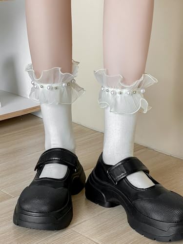 CAT KO 2 Pairs Women Ankle Socks Lace Ruffle Frilly Pearl Soft Cotton Princess Girls socks for Lolita2