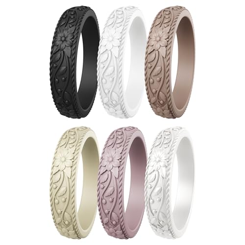 ThunderFit Silicone Rings for Women, Rubber Engagement Wedding Bands Vine Design 5.5mm Wide 2mm Thick - Variety Multipack 4-12