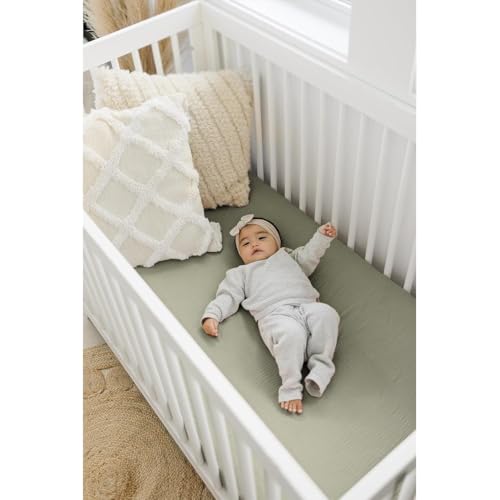 Image of Konssy Muslin Crib Sheets for Boys, Soft Cotton Neutral Baby Sheets for Standard Crib Mattress 2 Pack, 52 inchx28 inch (Fog Green,Cream)