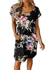 JayscreateEU Damenkleid Sommerkleid Tunikakleid T-Shirtkleid Knielanges Kleid A-Linie Kurzarm Kleid Freizeitkleid V-Ausschnitt Kleid mit Taschen Strandkleid Umstandskleid ，Schwarzer Druck，L
